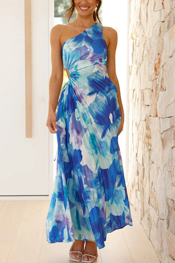 Deja - Floral Pattern One-Shoulder Maxi Dress with Pleats