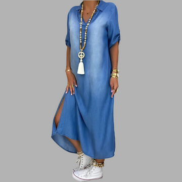 Lea | Long Denim Look Dress with Side Split