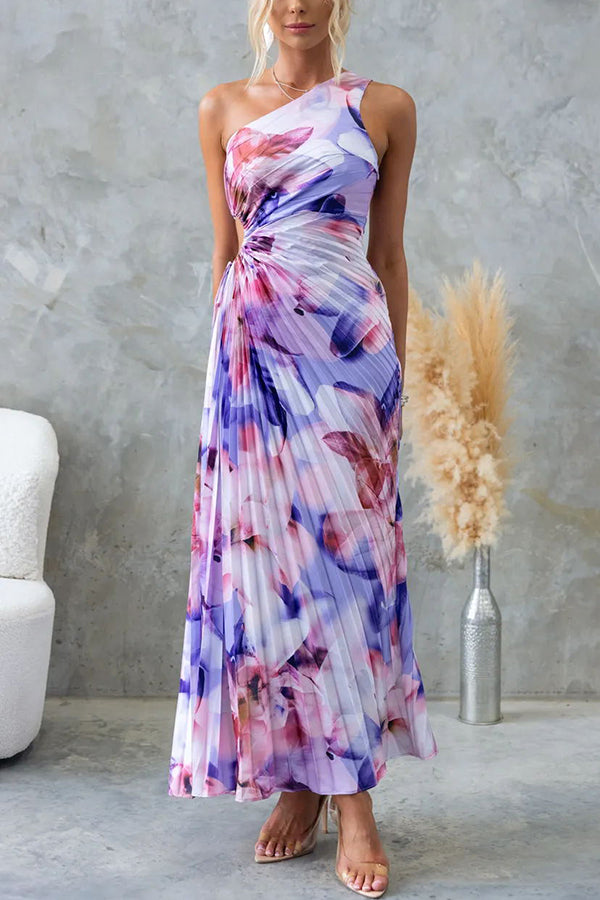Deja - Floral Pattern One-Shoulder Maxi Dress with Pleats