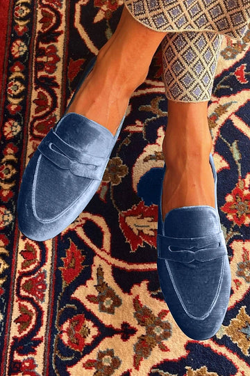 Linica Blue Velvet Loafers with Patchwork Details and Round Toe