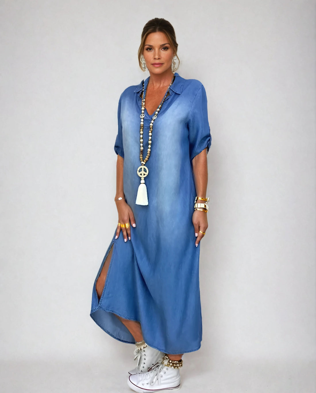 Lea | Long Denim Look Dress with Side Split
