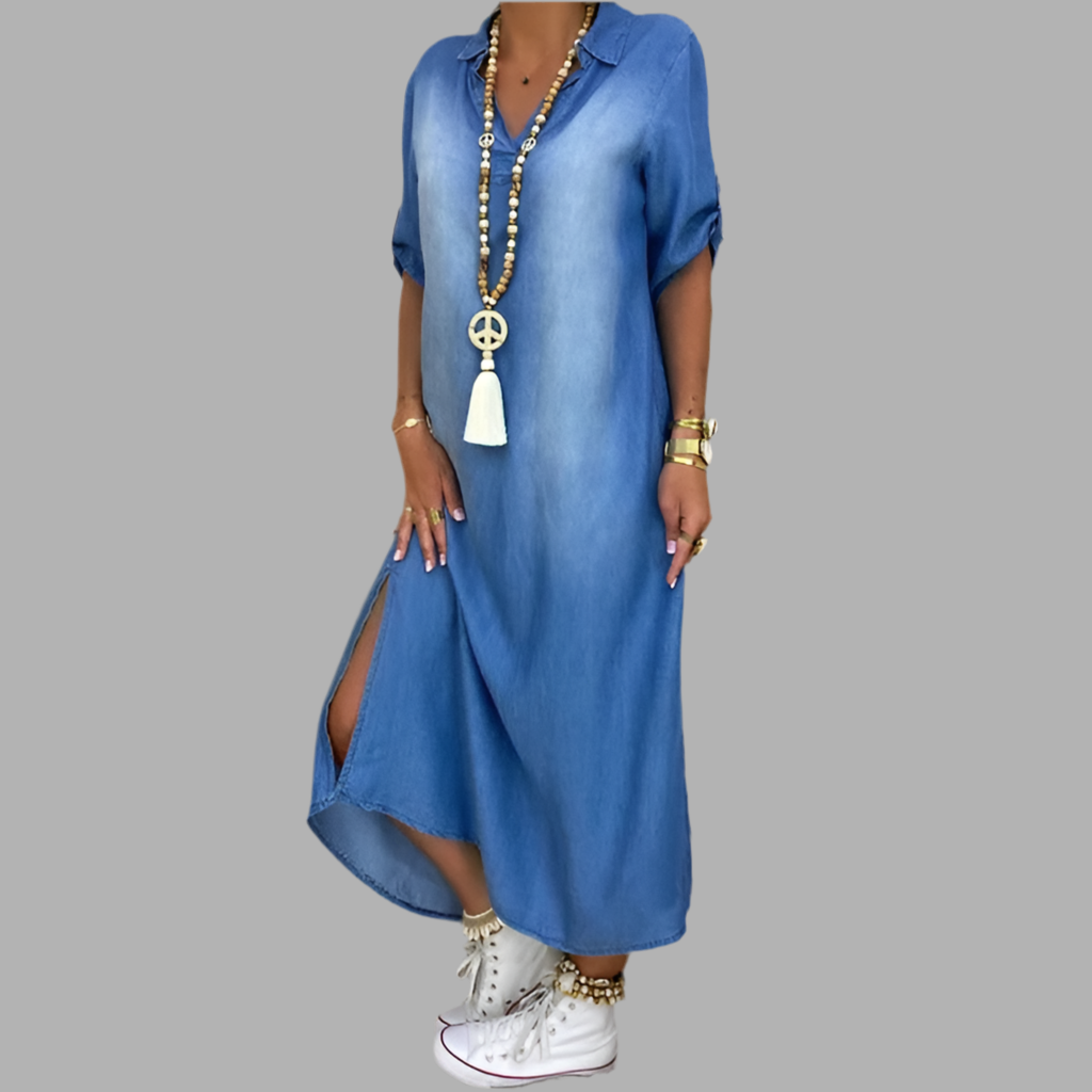 Lea | Long Denim Look Dress with Side Split