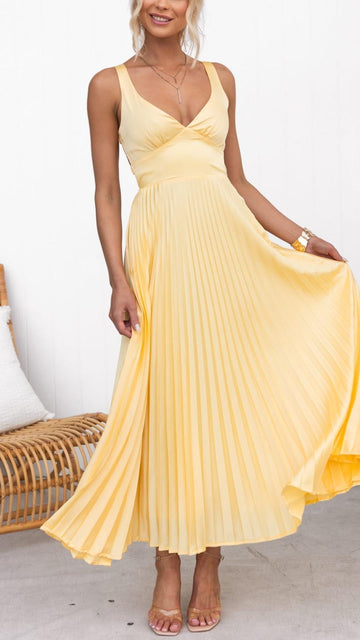 Aby - Yellow Pleated Maxi Dress with V-Neck
